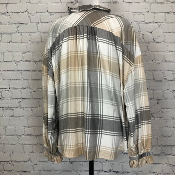NWT Ann Taylor Gray Tan Plaid Buttondown Shirt Size XL - Picture 3 of 9